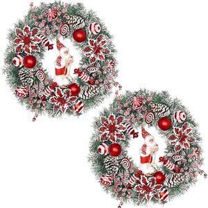 Christmas Wreaths for Front Door, 2 Pack 18" Santa Skiing Poinsettias w/ Lights